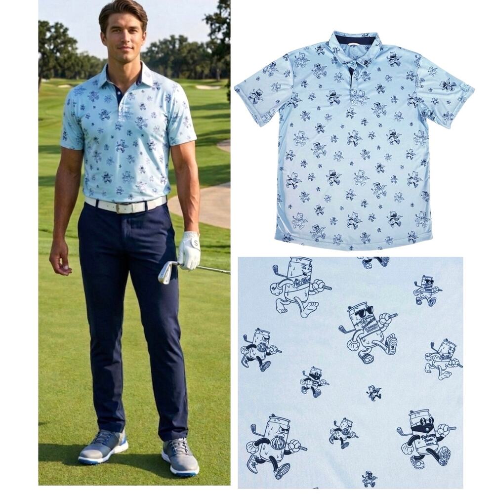 Swannies Golf Polo Men's Large Blue Beer Can Novelty All Over Print Athletic Fit